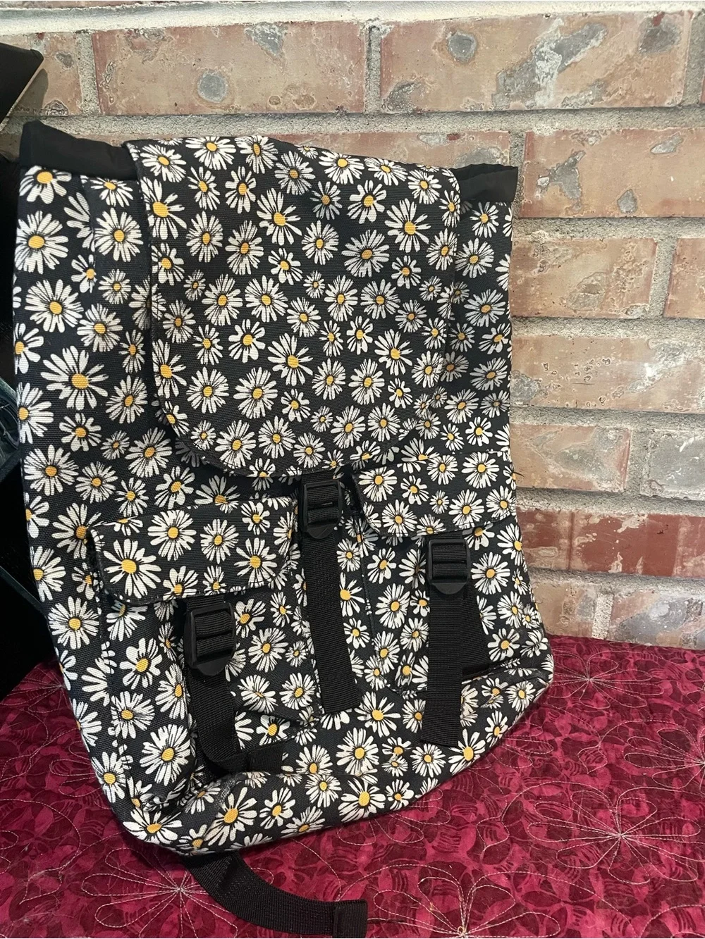 Black Daisy Print Backpack - Women Bags